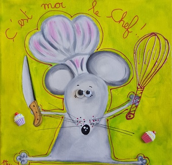 peinture à l'huile,  30×30: 30 euros, est en stock en fond noir , souris orange.